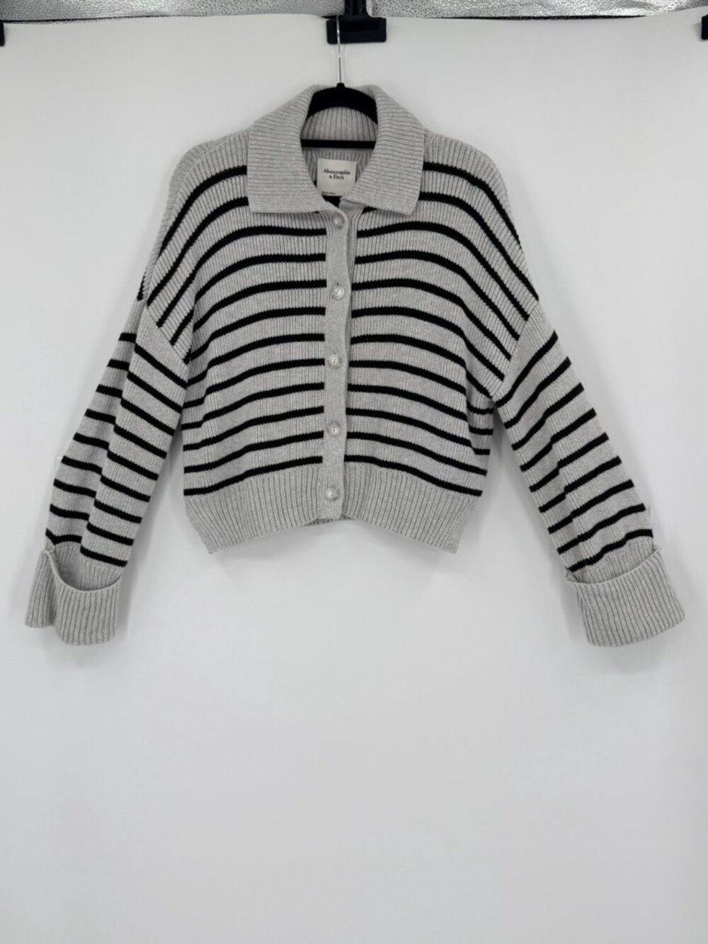 Abercrombie & Fitch Gray Black Striped Collared Cardigan Sweater Women's Small